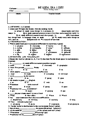 Đề và đáp án kiểm tra một tiết lần 2 Tiếng anh lớp 7 - Năm học 2012-2013 -Trường THCS La Hà